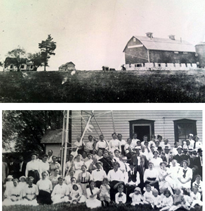 Two photos: First, a photo of Renee Thompson’s family barn and house in Wisconsin from 1913. The farm was built in 1891 by her great grandparents, Peder and Christina Thompson. The second photo from the 25th wedding anniversary of Renee Thompson’s great grandparents taken in 1914 at the front of the house.